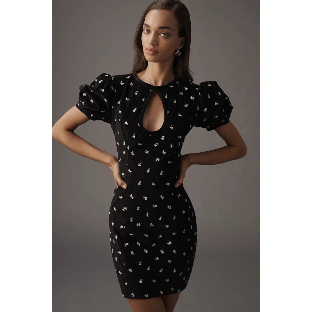 NWT Maeve Puff-Sleeve Keyhole Embroidered Mini Dress $178