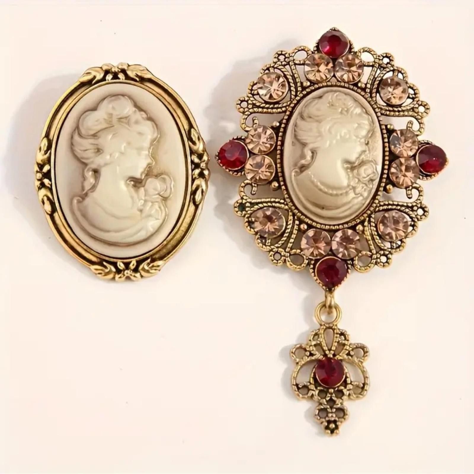 Designer Vintage Inspired Cameo Brooch Set with Red and Gold Accents Size ONE SIZE - 2 Thumbnail