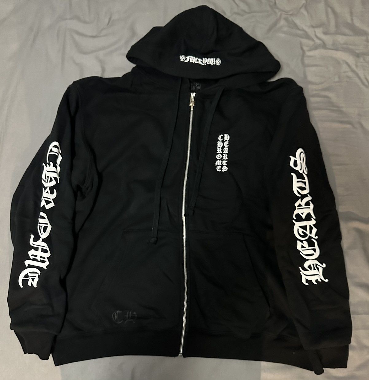 image of Chrome Hearts Fuck You Logo Zip Up Hoodie in Black, Men's (Size XL)