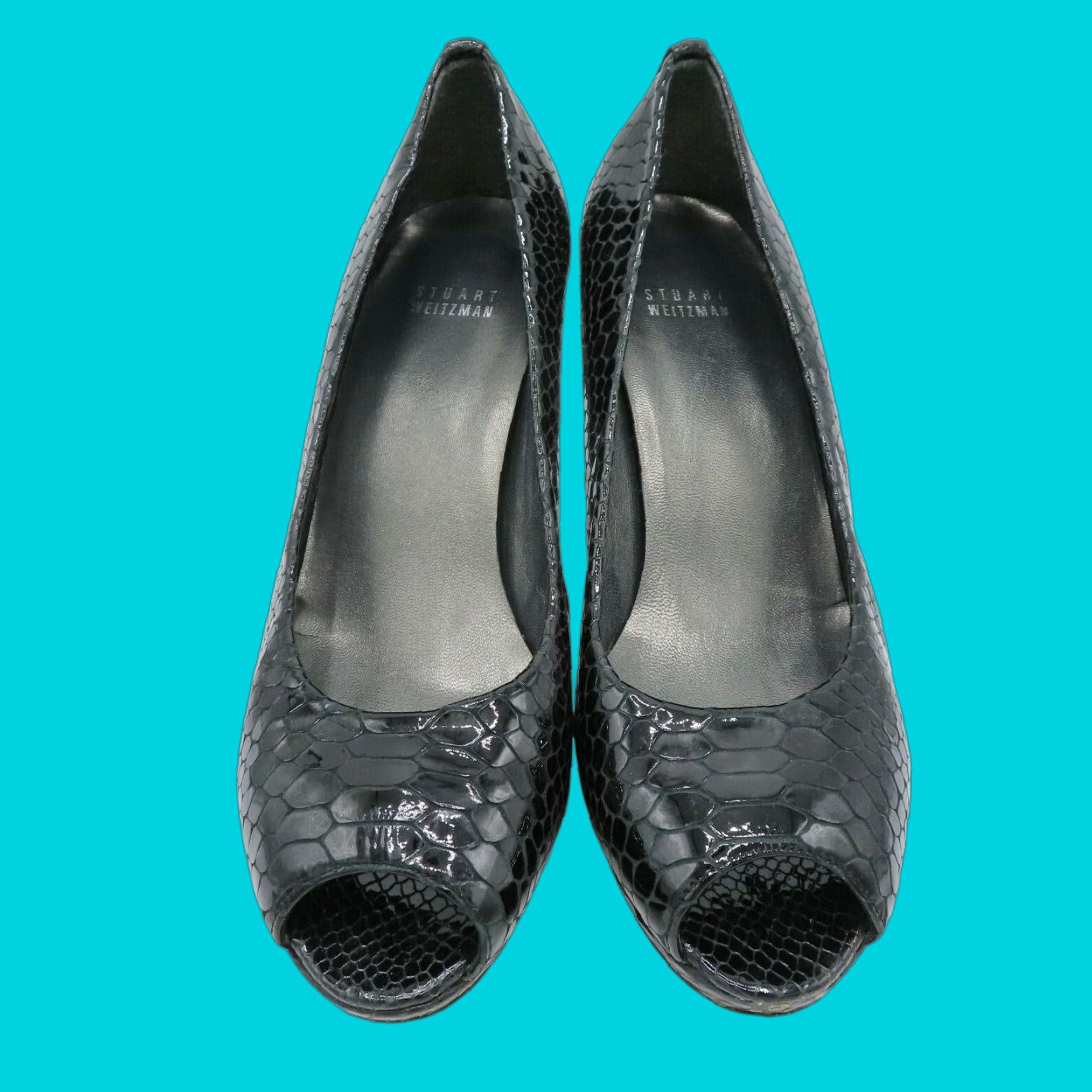 Stuart Weitzman Stuart Weitzman Women 8 M Black Patent Snakeskin Leather 4079808 Peep Toe Heels Size US 8 / IT 38 - 1 Thumbnail