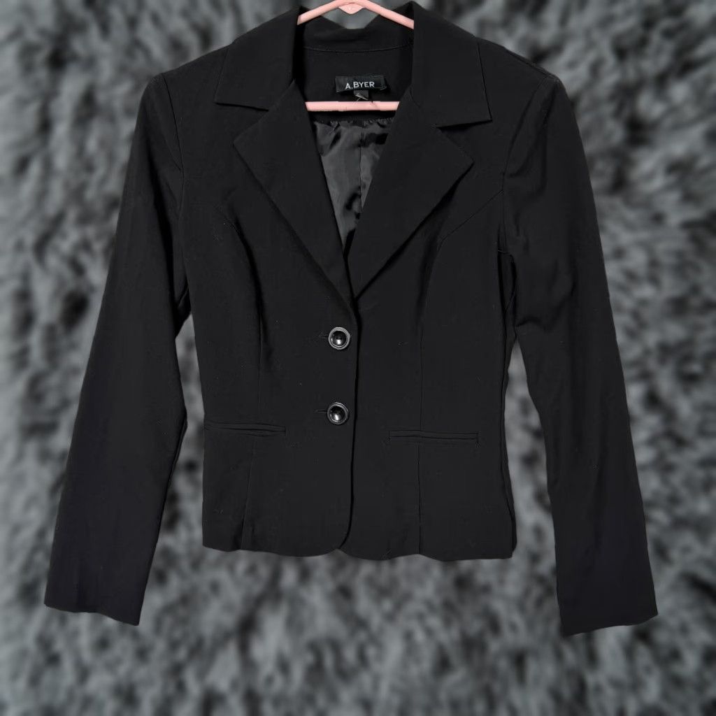 Vintage VINTAGE A. Byer Blazer S Juniors Black Two-Button Notch Lapel Short Length Regular Fit Polyester Rayon Spandex Size S / US 4 / IT 40 - 1 Thumbnail