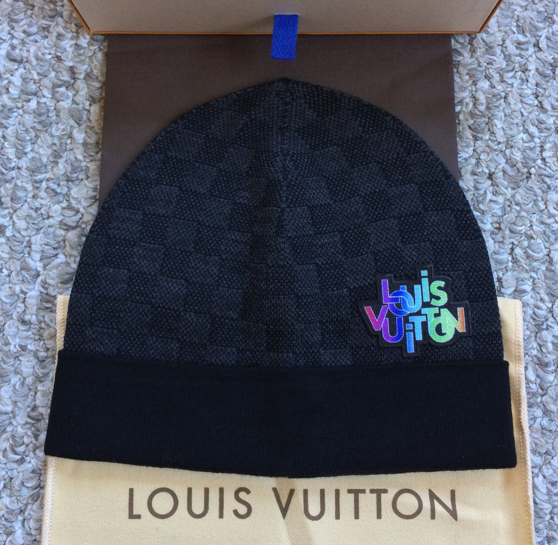 image of Louis Vuitton Damier Graffiti Logo Beanie Hat in Black, Men's