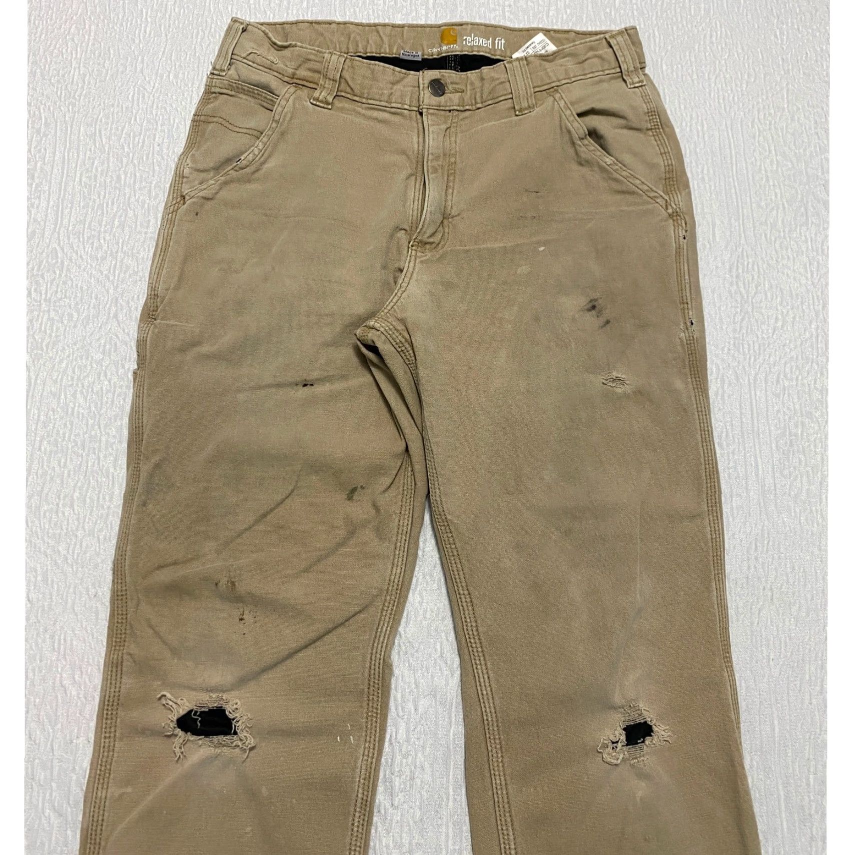 Carhartt Carhartt Relaxed Fit Lined Carpenter Pants Mens 32x28 Khaki Distressed Rip, Utility Pockets, 5-Pocket Design, Canvas Workwear Pants Size US 32 / EU 48 - 4 Thumbnail