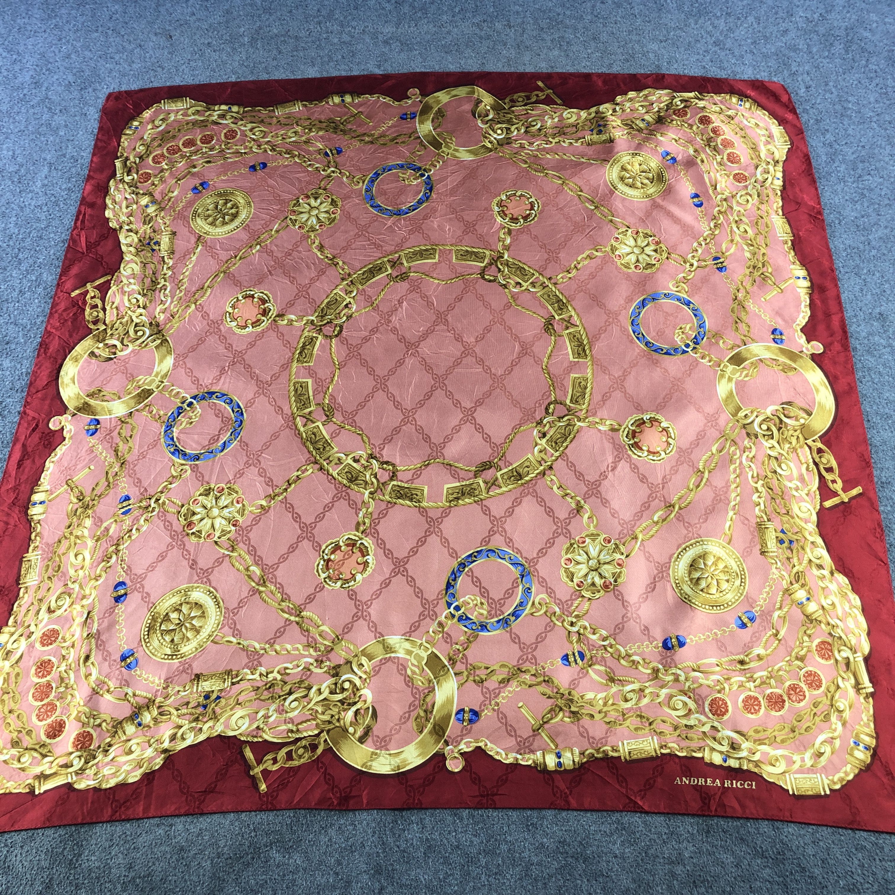 Japanese Brand Andrea Ricci Luxury Gold Chains Silk Scarf M1243 Size ONE SIZE - 2 Thumbnail