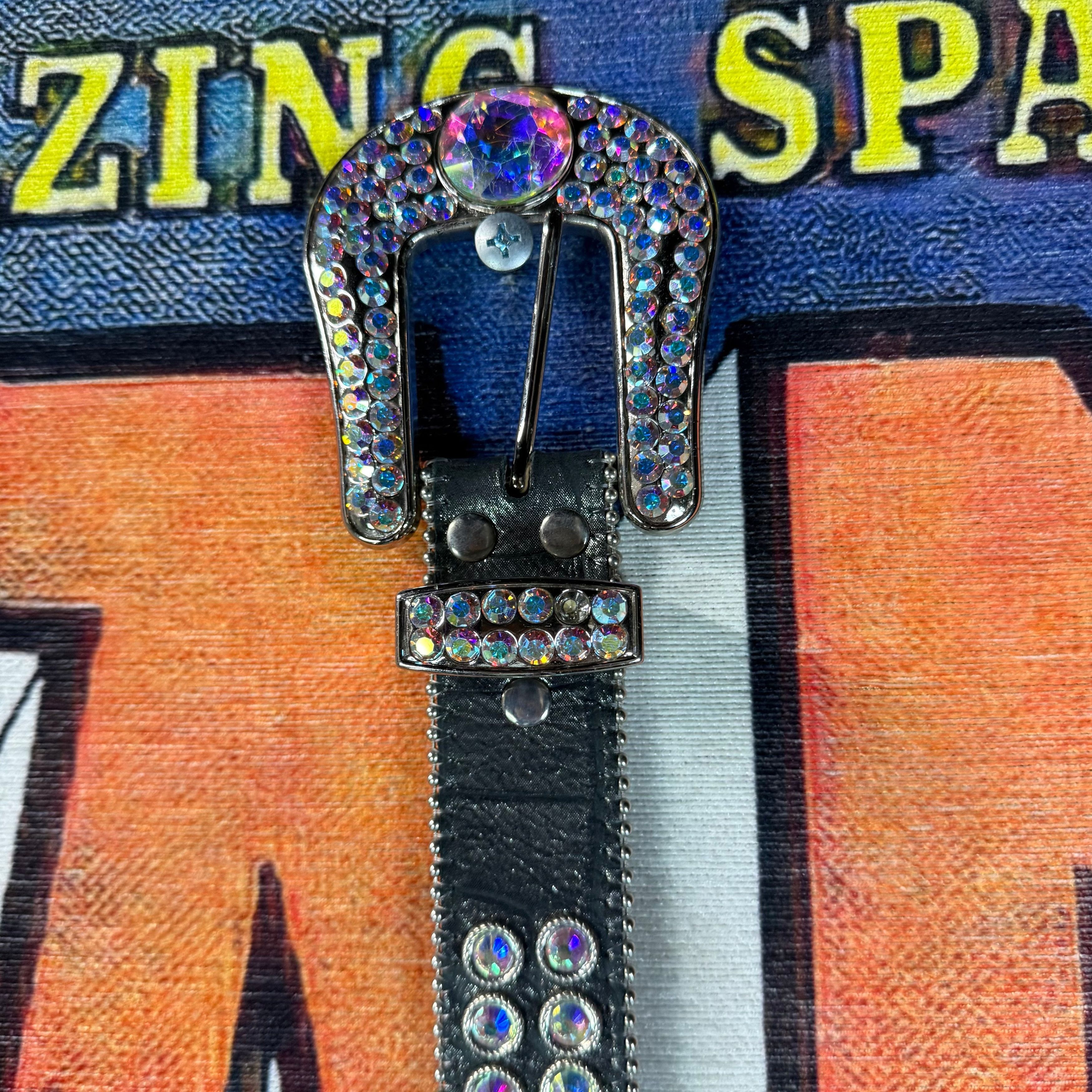 B.B. Simon B.B. Simons Iridescent Crystal Black Leather Belt Size 34 Size 34 - 1 Thumbnail