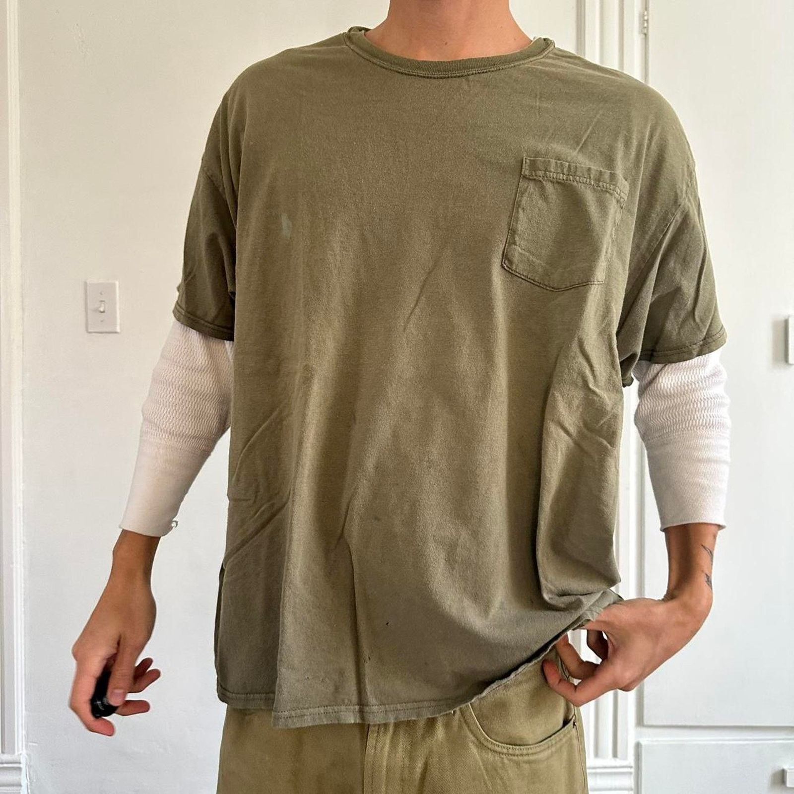 Vintage Y2K Green Olive Faded Thrashed Baggy Oversized Cotton Tee Size US XXL / EU 58 / 5 - 1 Thumbnail