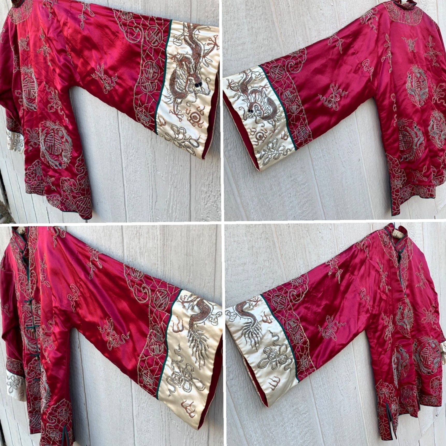Vintage Vtg Chinese Silk Embroidered Dragon Longevity Shou Jacket Robe Mandarin Collar Jacket/string? Size ONE SIZE - 2 Thumbnail