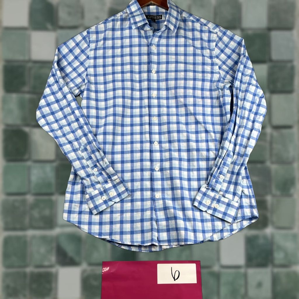 Express Express Shirt Mens M Blue Plaid Long Sleeve Button-Up Casual Preppy Modern Col­lar Button-Through Cotton Woven Size US M / EU 48-50 / 2 - 1 Thumbnail