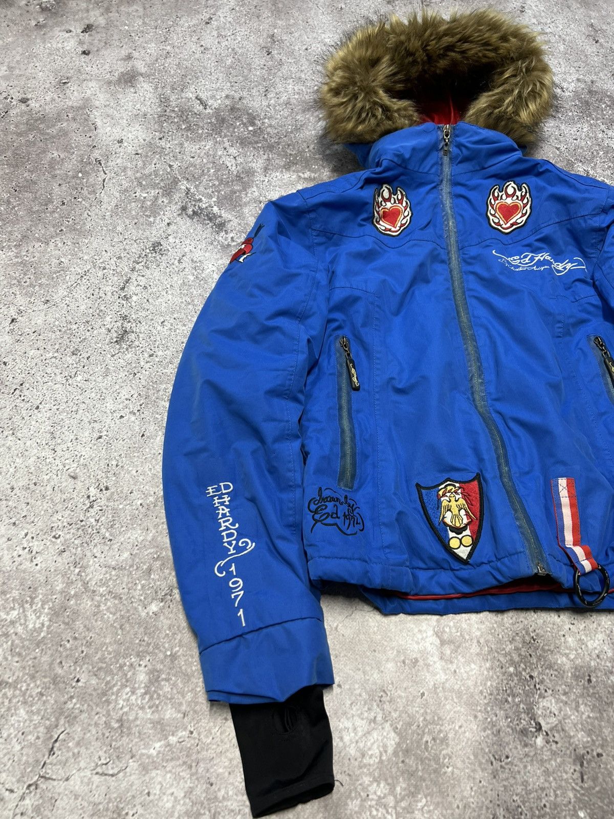Ed Hardy Ed Hardy by Christian Audigier Embroidered Fur Bomber Jacket Size M / US 6-8 / IT 42-44 - 4 Thumbnail