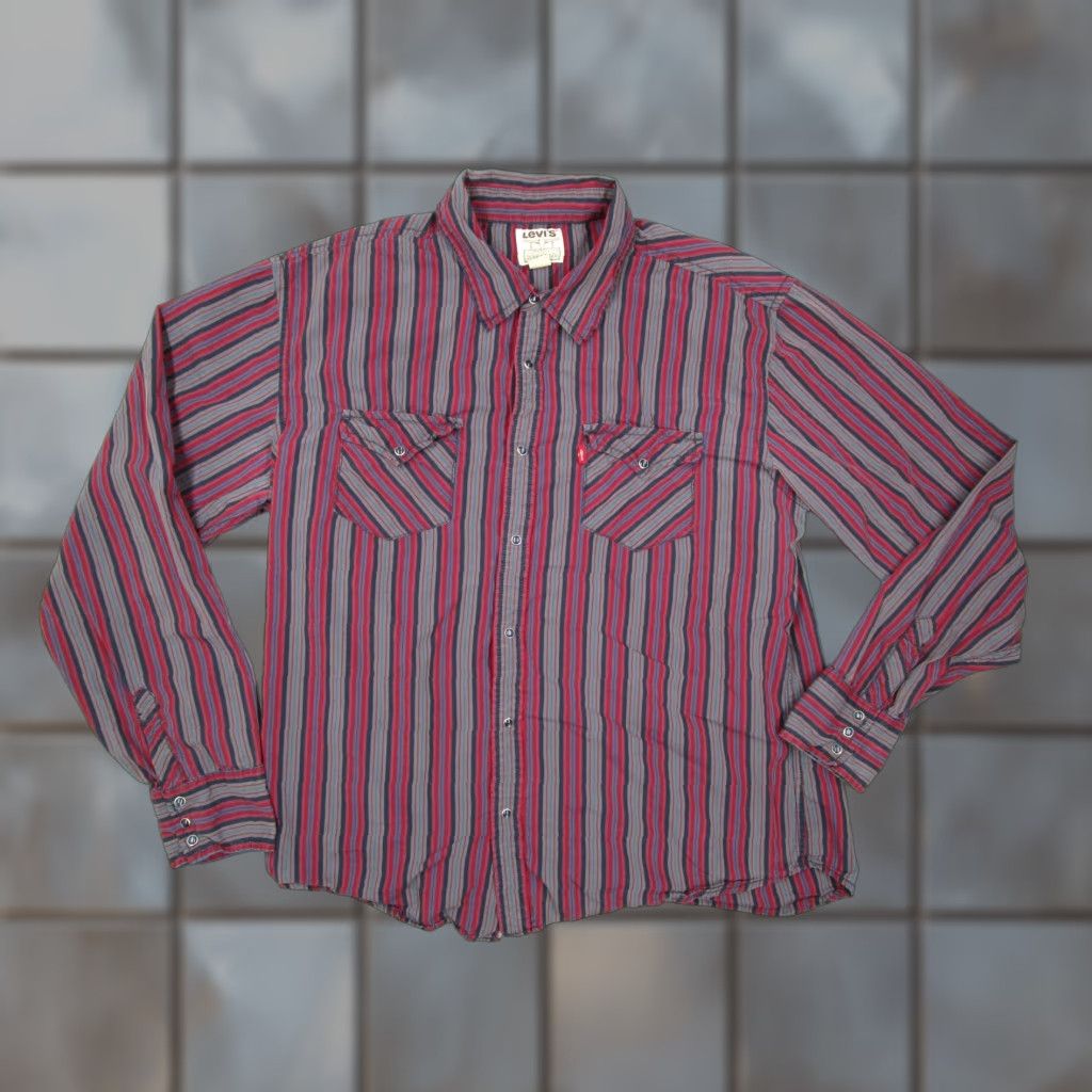 Levi's VINTAGE Levi's Shirt Mens XL Western Pearl Snap Pockets Striped Button-Up Red/Blue/Gray 100% Cotton Cowboy Western Mens Size US XL / EU 56 / 4 - 1 Thumbnail