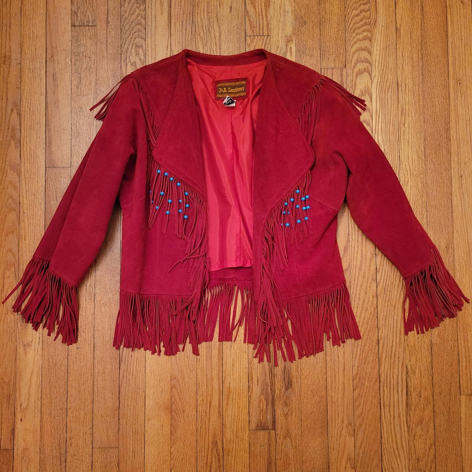 Vintage M Red Suede Fringe Beaded Show Jacket Western Boho Leather Size M / US 6-8 / IT 42-44 - 1 Thumbnail
