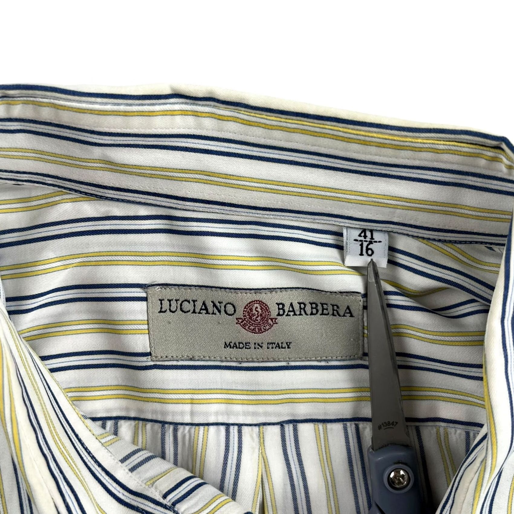 Vintage Luciano Barbera Shirt Button-Up Yellow Striped Cotton Blend Knit Long Sleeve Collared 41 Mens Made in Italy Size US L / EU 52-54 / 3 - 3 Thumbnail