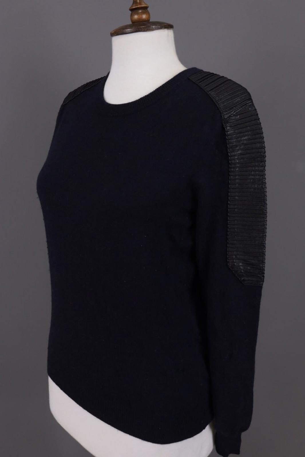 Other Maje Navy Blue Wool Leather Shoulders Sweater Size 1 Size M / US 6-8 / IT 42-44 - 6 Thumbnail