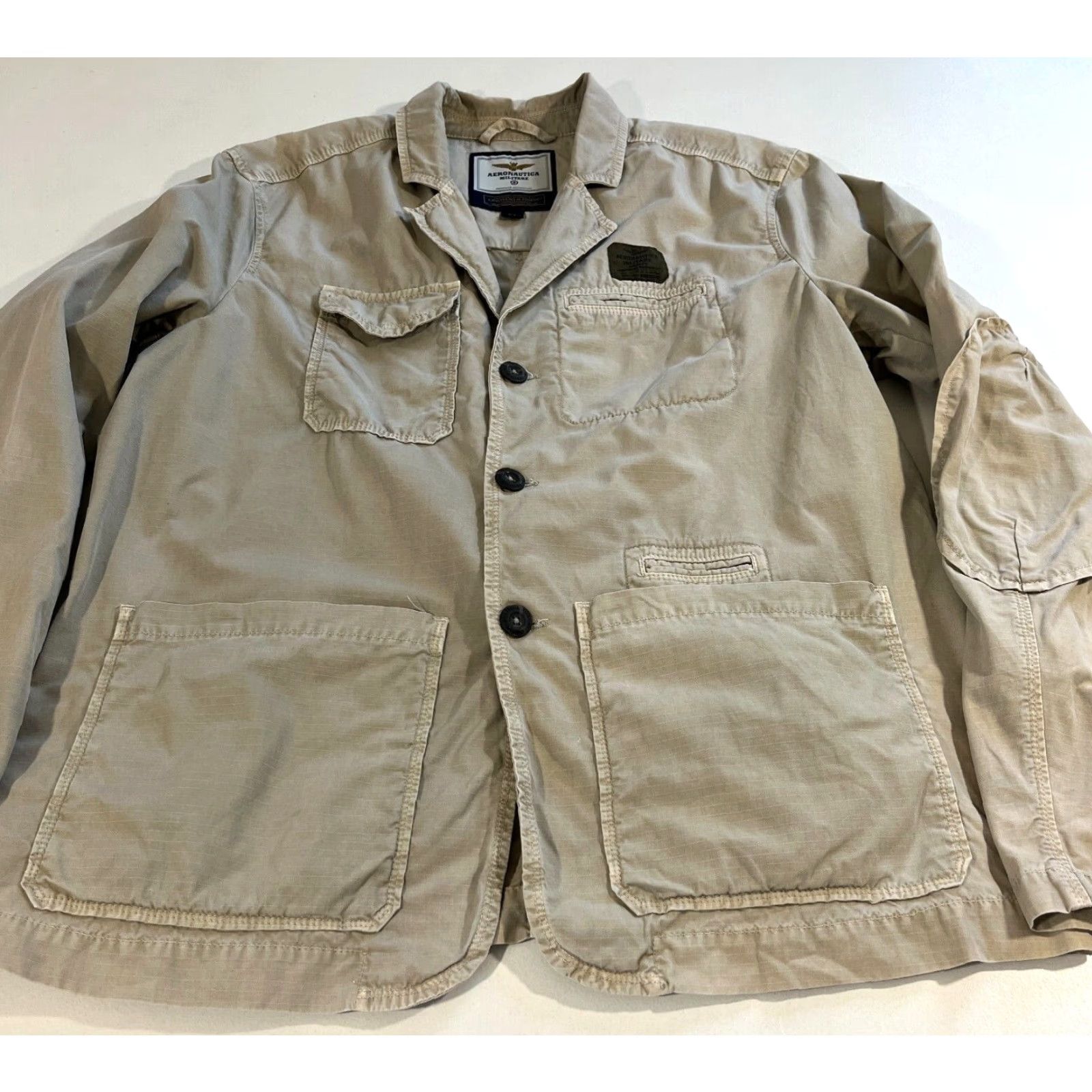 Aeronautica Militare VINTAGE Aeronautica Militare Jacket Mens Canvas Blazer Size 54 Beige Military Style with Pockets Elbow Patch Size 54R - 7 Thumbnail