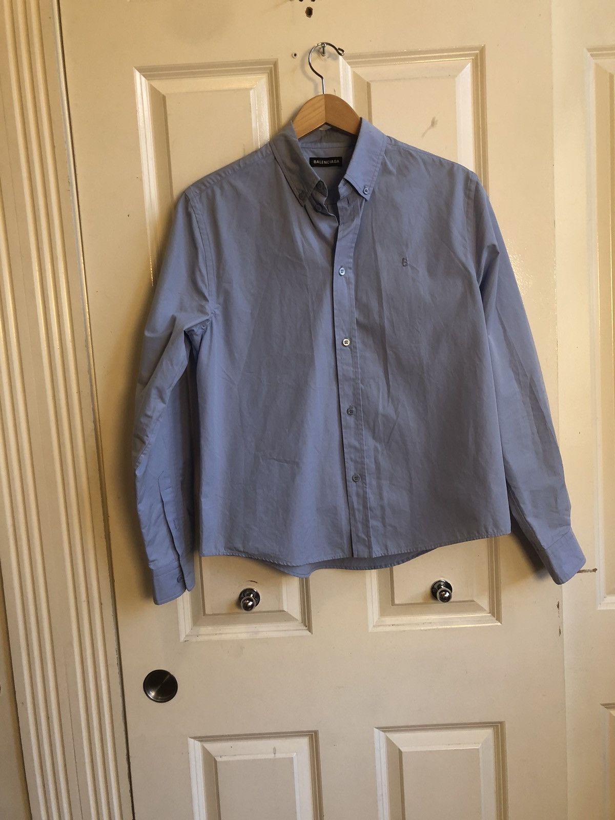 image of Balenciaga Cropped Button Up Shirt With Curved Hem Size 41 in Blue, Men's
