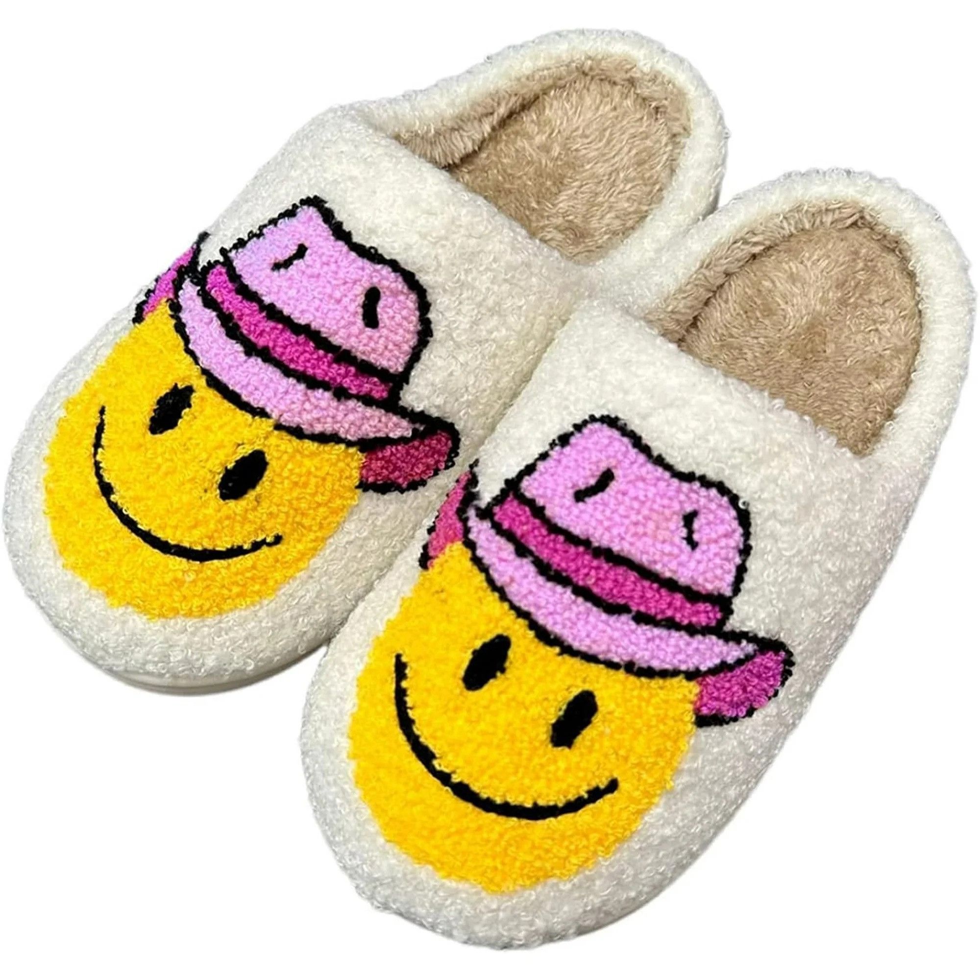 Japanese Brand Cowboy Hat Smiley Face Fuzzy Slippers Unisex Cozy Indoor Sho Size US 10 / IT 40 - 5 Thumbnail