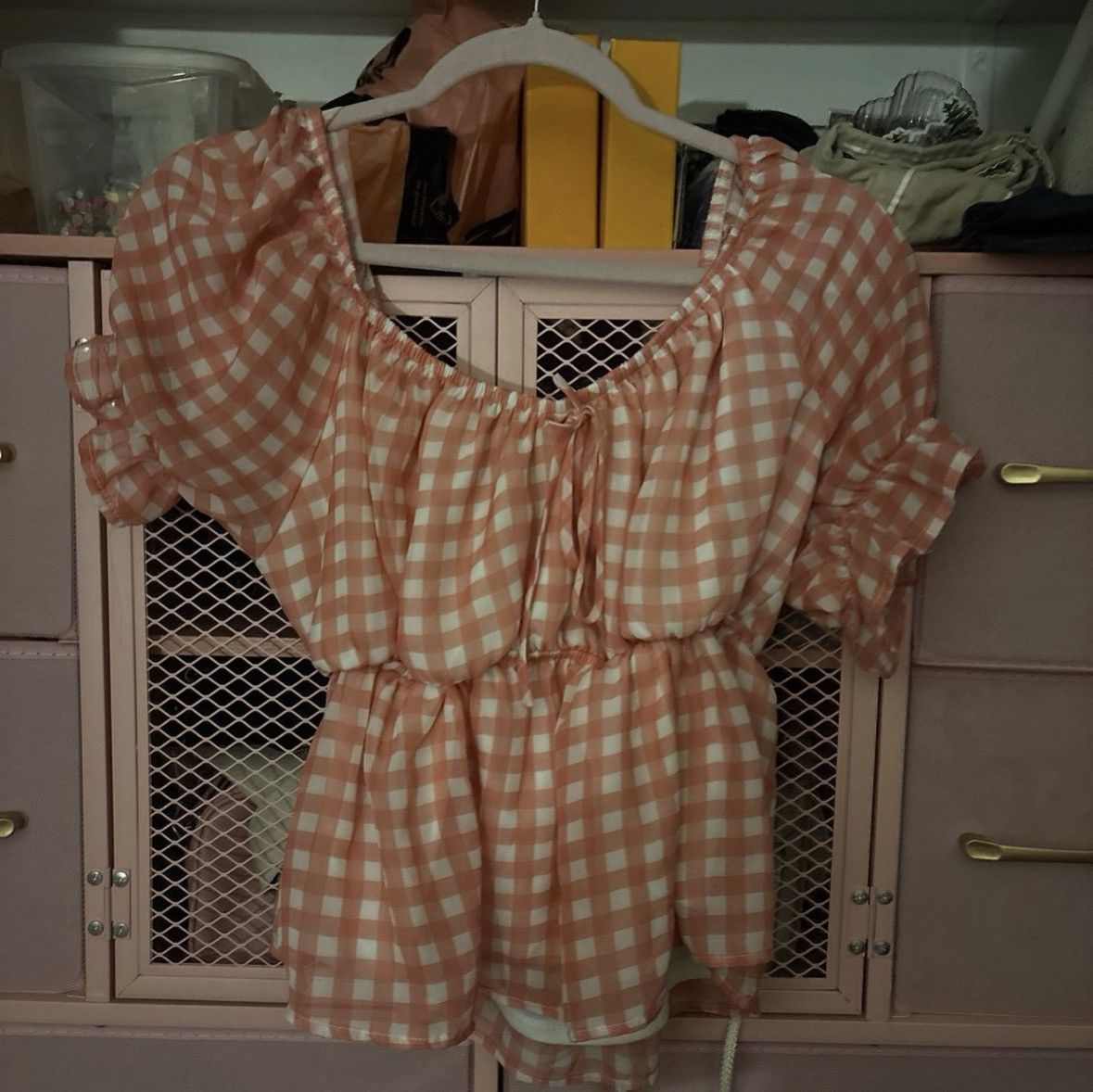 Forever 21 Peach Gingham Puff Sleeve Top (Size Large) Size L / US 10 / IT 46 - 1 Preview