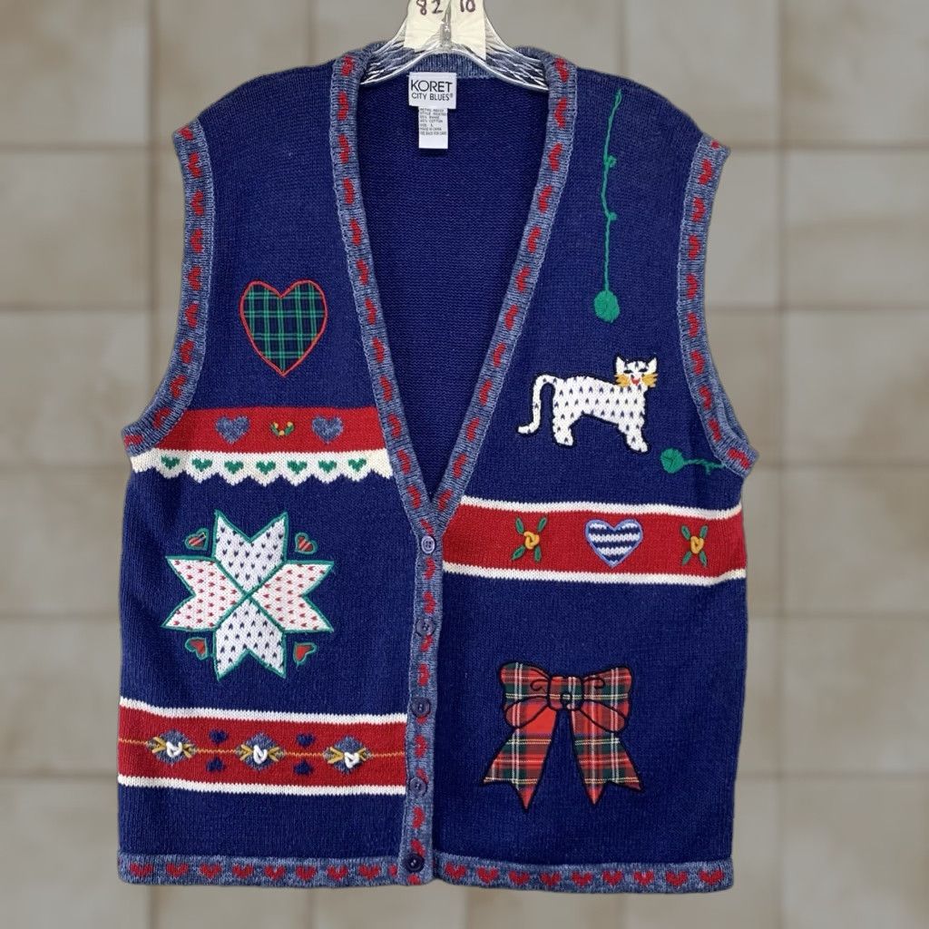 Vintage VINTAGE Koret City Blues Women's Sweater Vest Sleeveless Large Blue 90s Cat Hearts Knit Casual Size L / US 10 / IT 46 - 1 Thumbnail