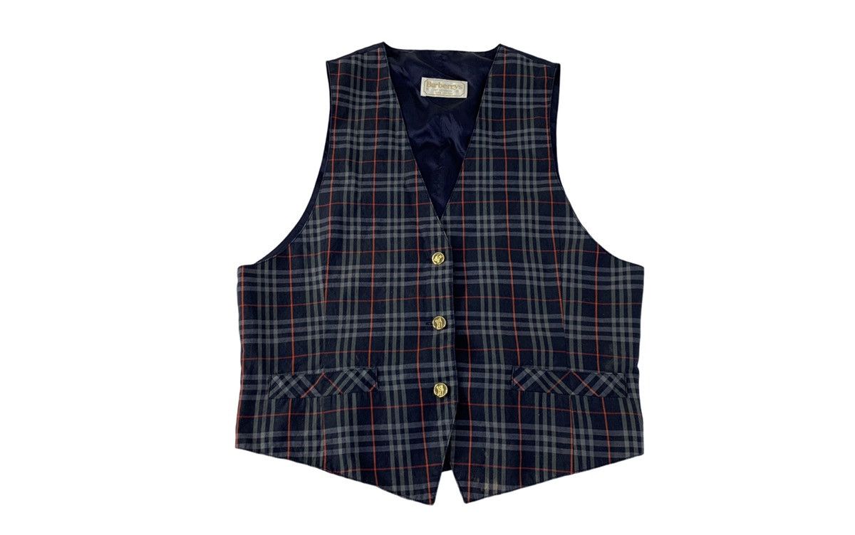 image of Burberrys Of London Plaid Checked Monogram Vest Waistcoat in Blue Black, Men's (Size Small)