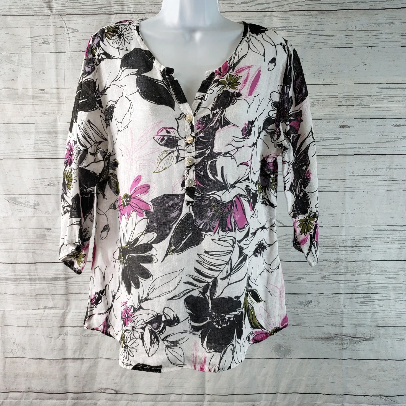 Habitat Habitat Womens Blouse 3/4 Sleeve Floral Linen White S Small Sheer Pink Black Victory 90s Vars? Size S / US 4 / IT 40 - 2 Thumbnail