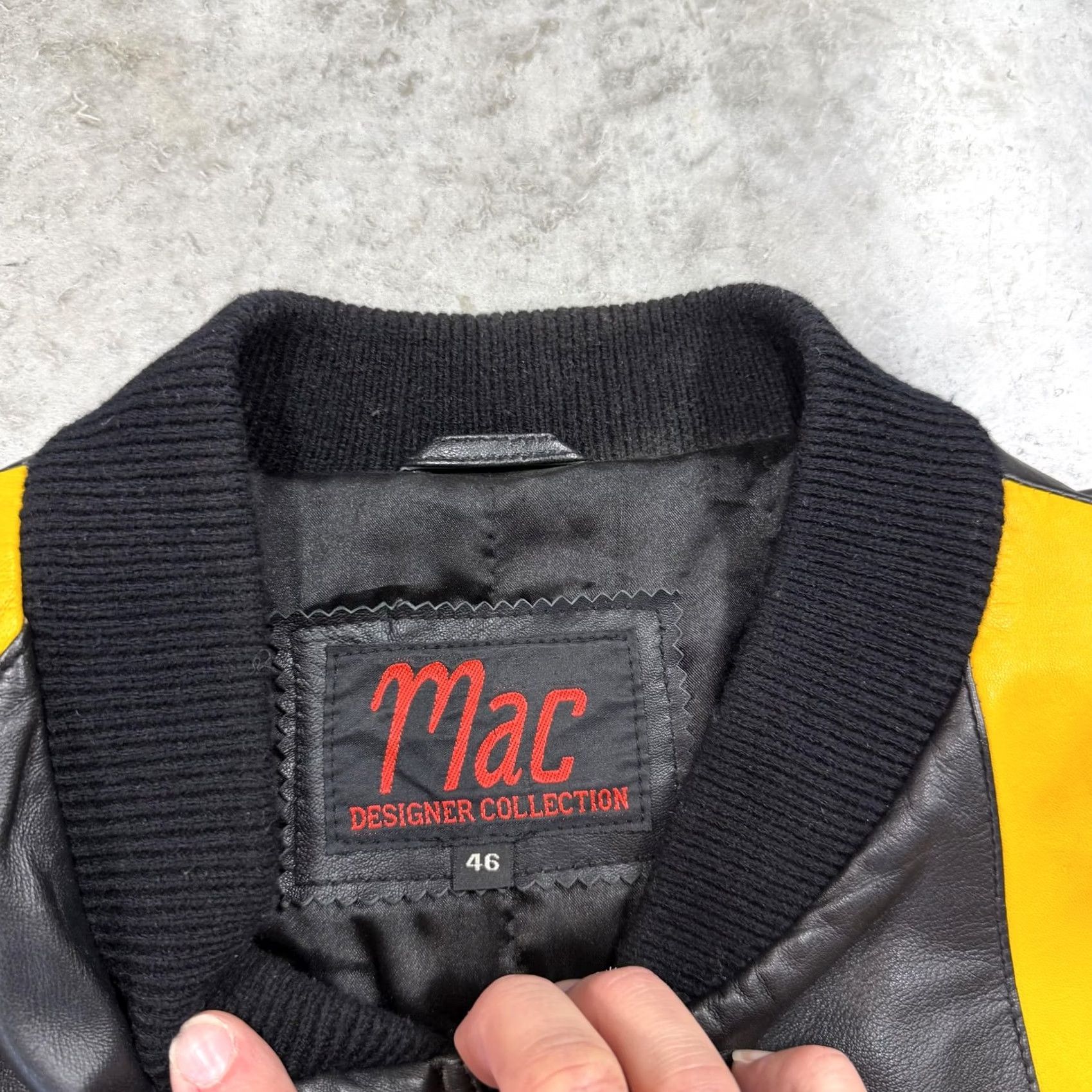 Vintage VINTAGE Mac Jacket Mens 46 Yellow Black Leather Bomber Full Zip 80s 90s Retro Geometric Pattern Zip Pockets Lined Short Jacket Mens Size US S / EU 44-46 / 1 - 2 Thumbnail