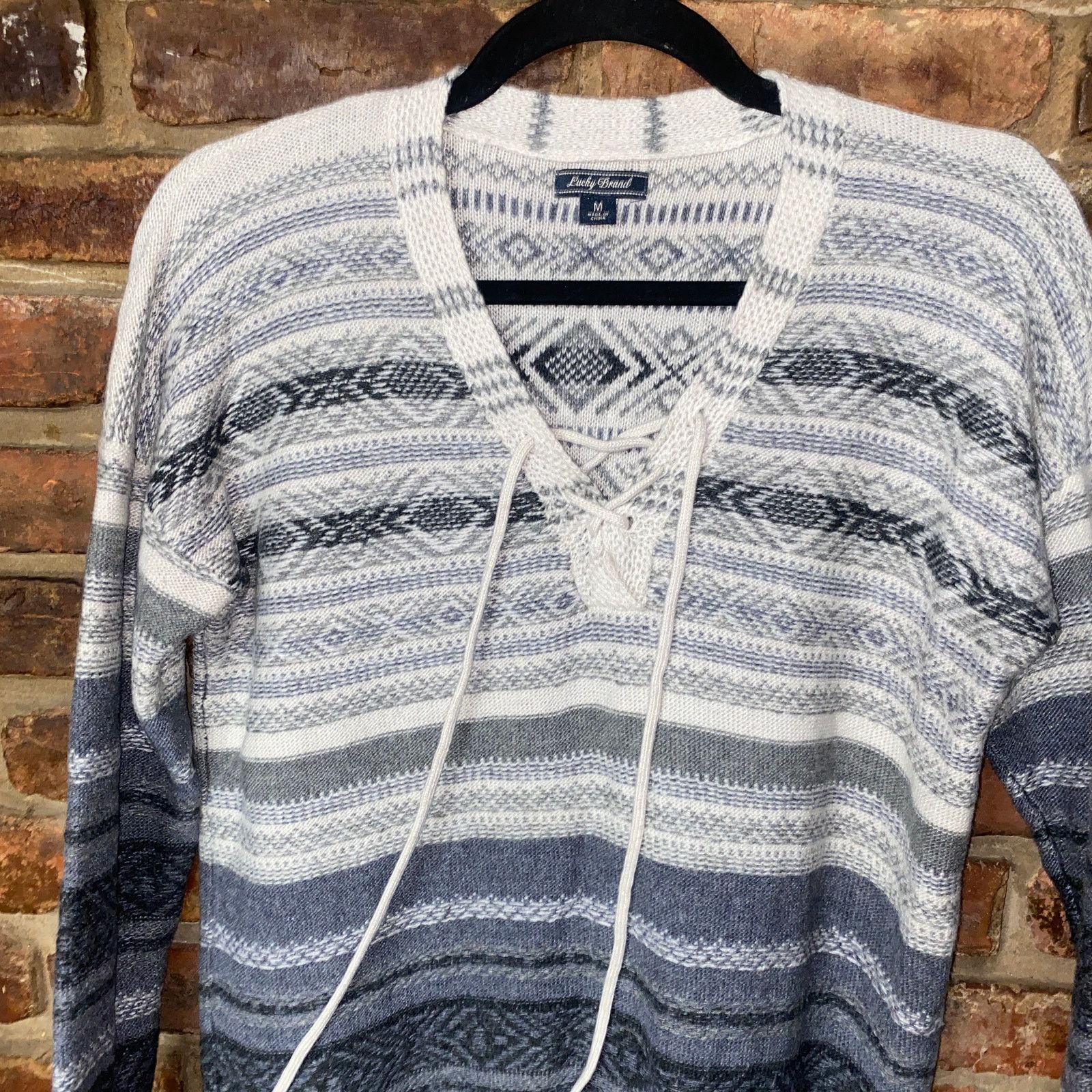Lucky Brand Lucky Brand Wool Striped Lace-Up Pullover Sweater Medium Size M / US 6-8 / IT 42-44 - 2 Thumbnail