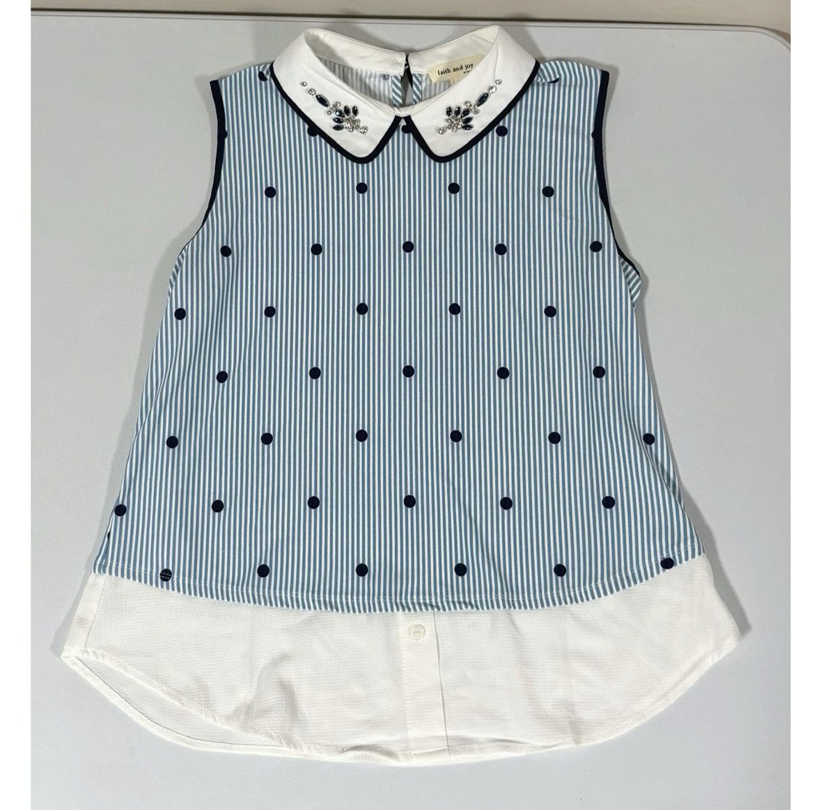 Japanese Brand Blue White Striped Polka Dot Collared Shirt Blouse Size S 🩵✨ Size S / US 4 / IT 40 - 1 Thumbnail