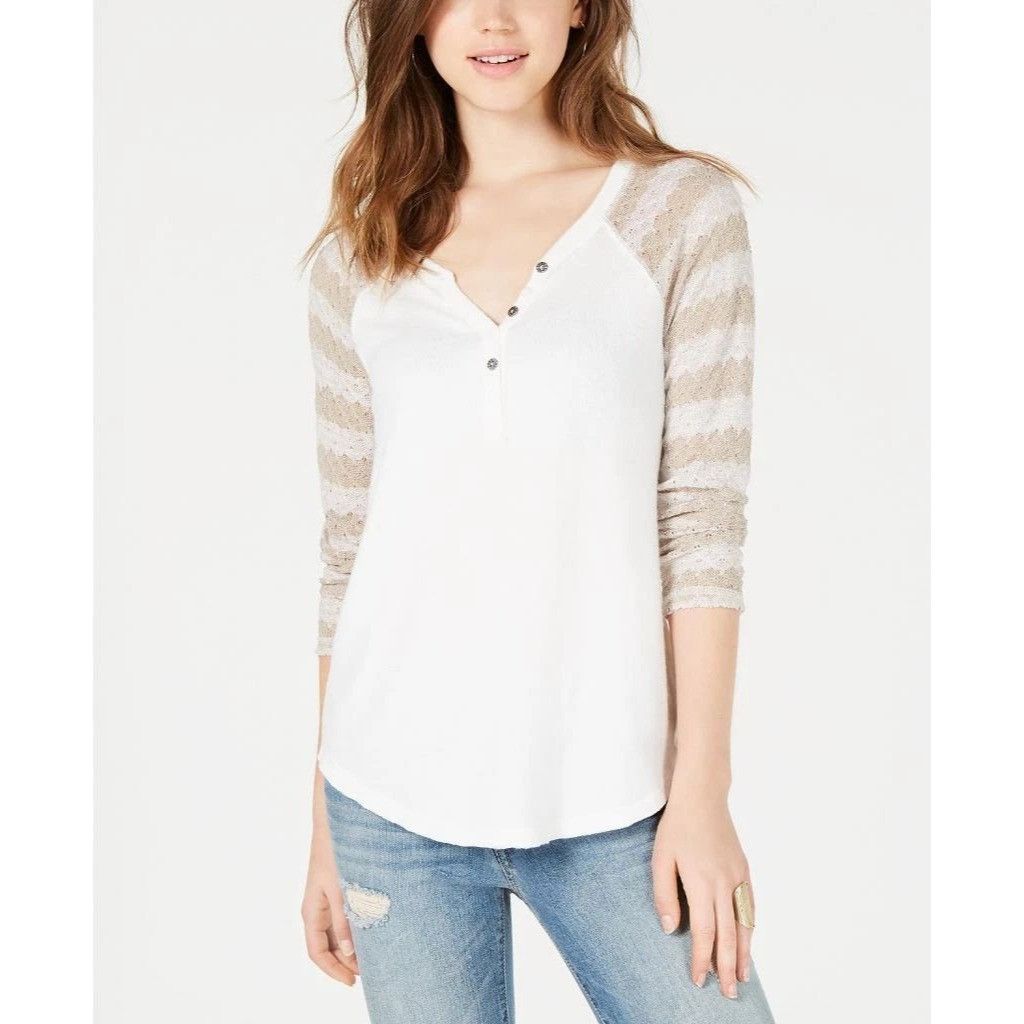 American Rag American Rag Juniors' Crochet-Sleeve Henley Top, Egret/Beig Size S / US 4 / IT 40 - 2 Thumbnail