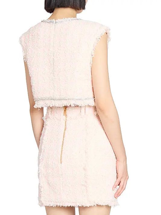 Balmain o1s1wg111225 Embellished Logo Tweed Crop Top in Beige Size XL / US 12-14 / IT 48-50 - 4 Thumbnail