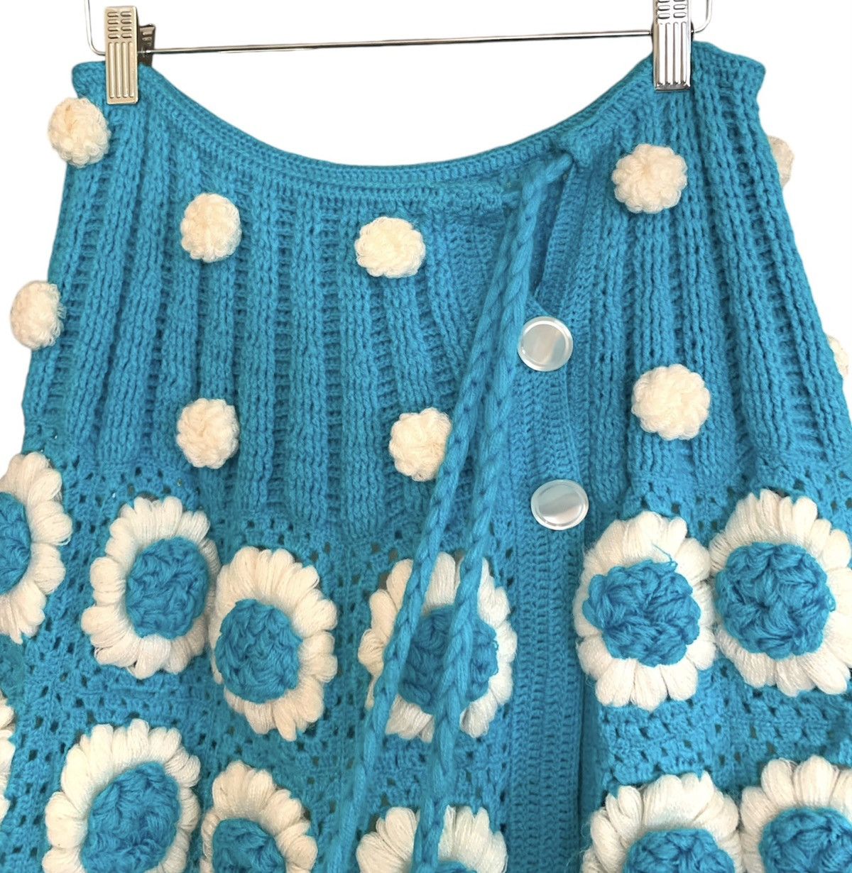 Vintage VTG Teal Blue Hand Knit Flower Power Skirt Wrap Size 28" / US 6 / IT 42 - 3 Thumbnail