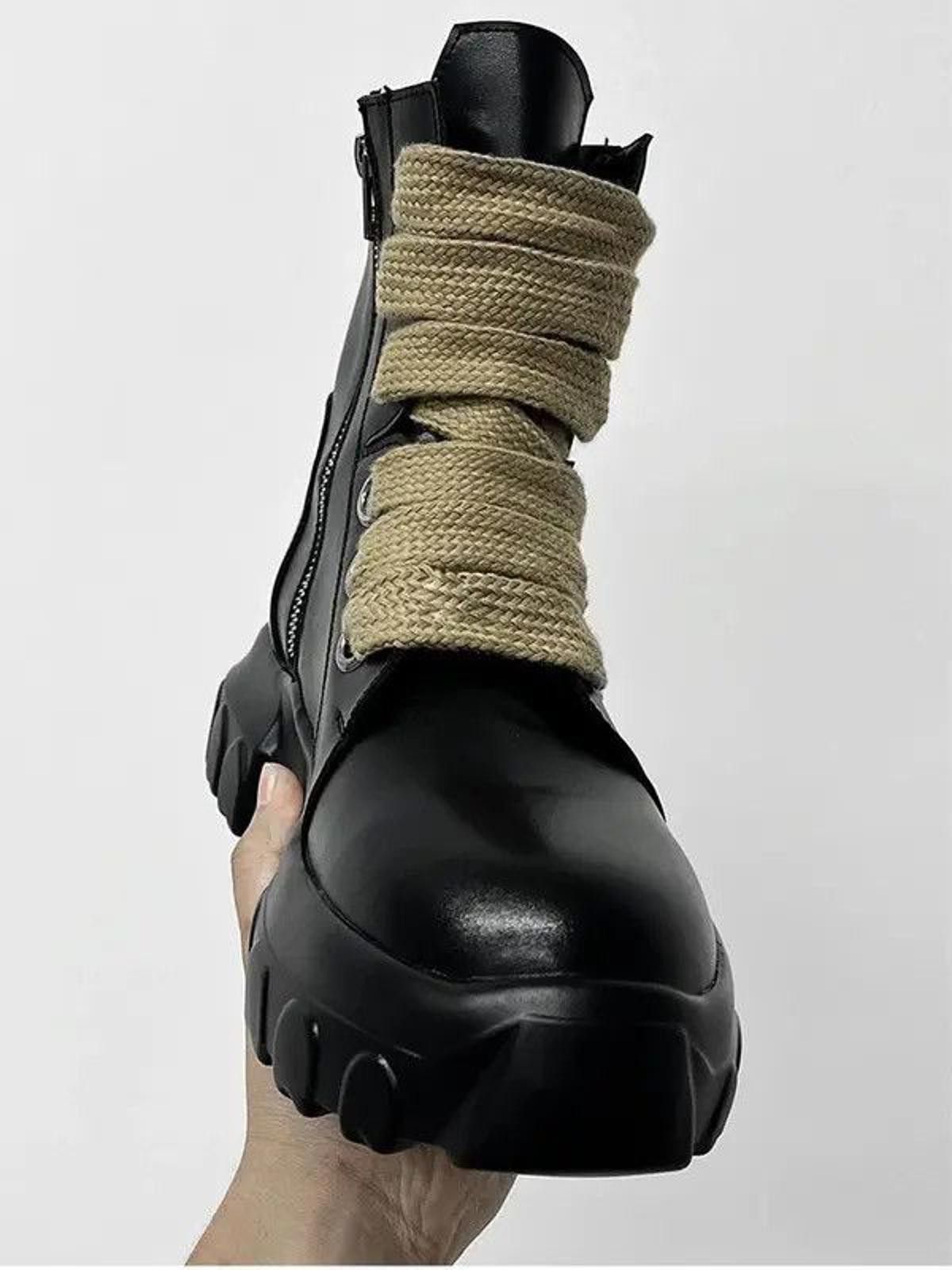 Leather Black Chunky Combat Boots with Beige Laces, Platform Boots Size US 9 / EU 42 - 6 Thumbnail
