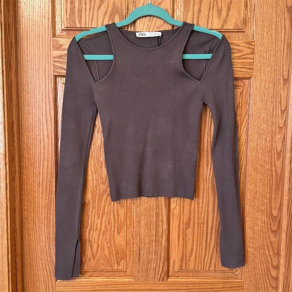 Zara ZARA Cropped Top Womens M Brown Taupe Ribbed Knit Cutout Sh Size M / US 6-8 / IT 42-44 - 1 Thumbnail