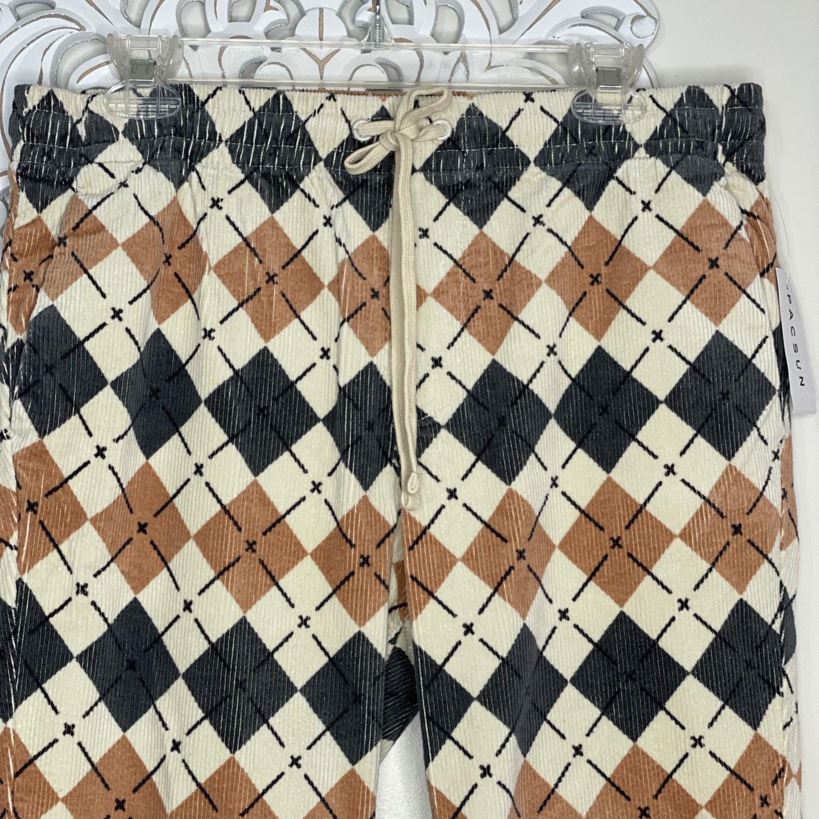 Pacsun PACSUN M Slim Argyle Corduroy PANTS Elastic Waist TAN GRAY Size 33" - 6 Thumbnail