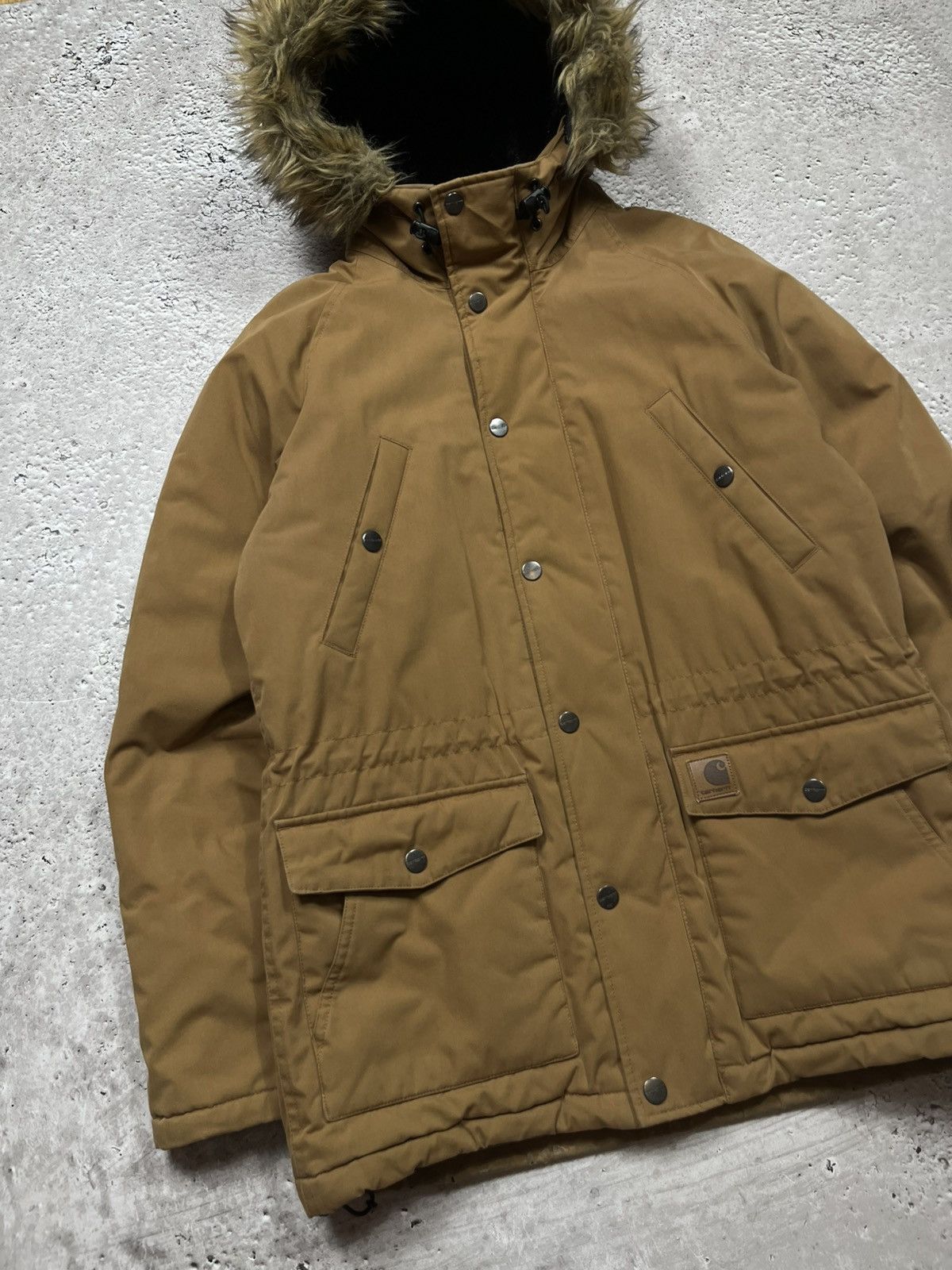 Carhartt WIP Trapper Parka M Brown Faux Fur Hood Elbow Patch
