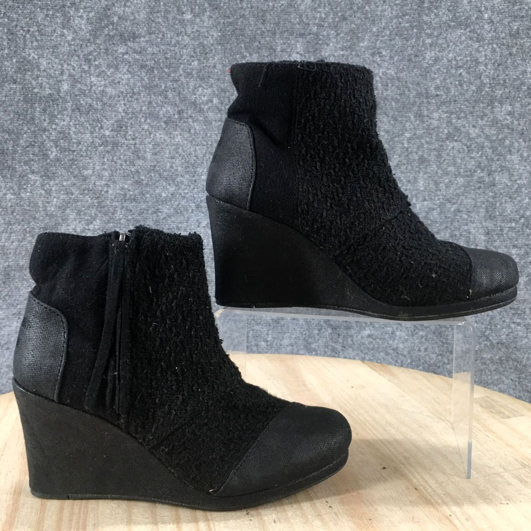 Toms TOMS Boots Womens 6.5 Avery Ankle Booties Black Wedge Tasseled Zip Round Toe Size US 7 / IT 37 - 2 Thumbnail