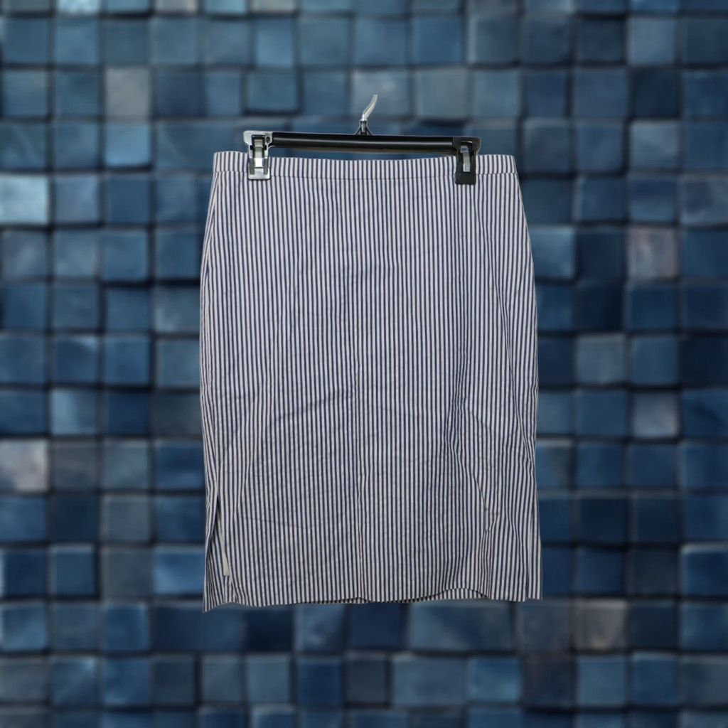J.Crew J.CREW Skirt Women's A-Line Striped Knee Length Lined Zip Side Hip 17.5" 4 White-Blue Casual Vintage: No Size 27" / US 4 / IT 40 - 1 Thumbnail