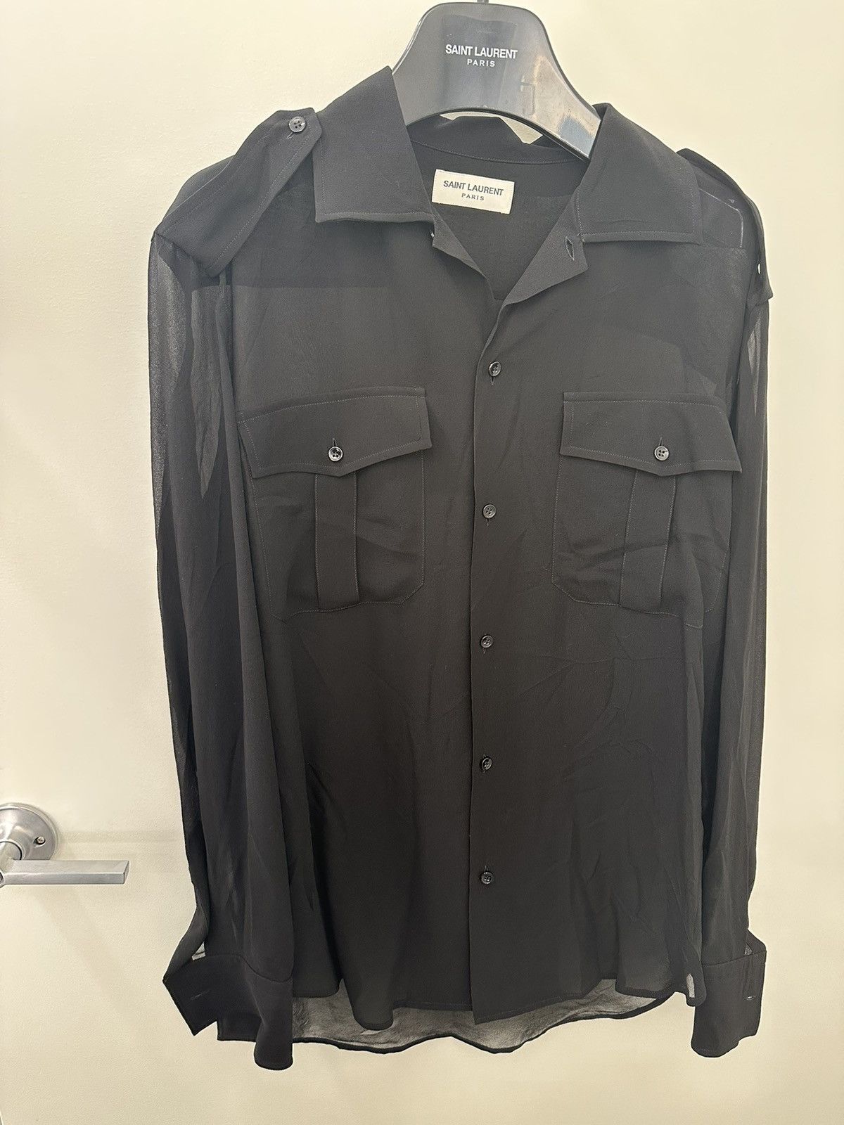 image of Saint Laurent Paris Men’S Silk Georgette 2-Pocket Sport Shirt in Black, Men's (Size Small)