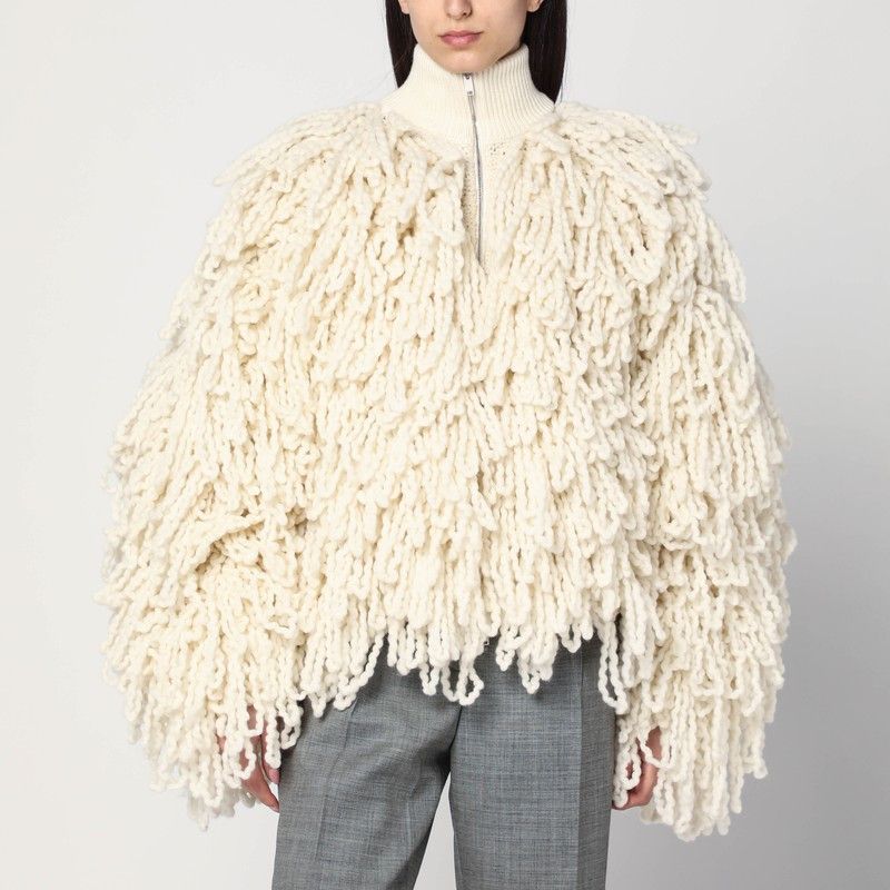 Stella McCartney Stella Mccartney White Wool Bomber Jacket With Fringes Size S / US 4 / IT 40 - 1 Thumbnail