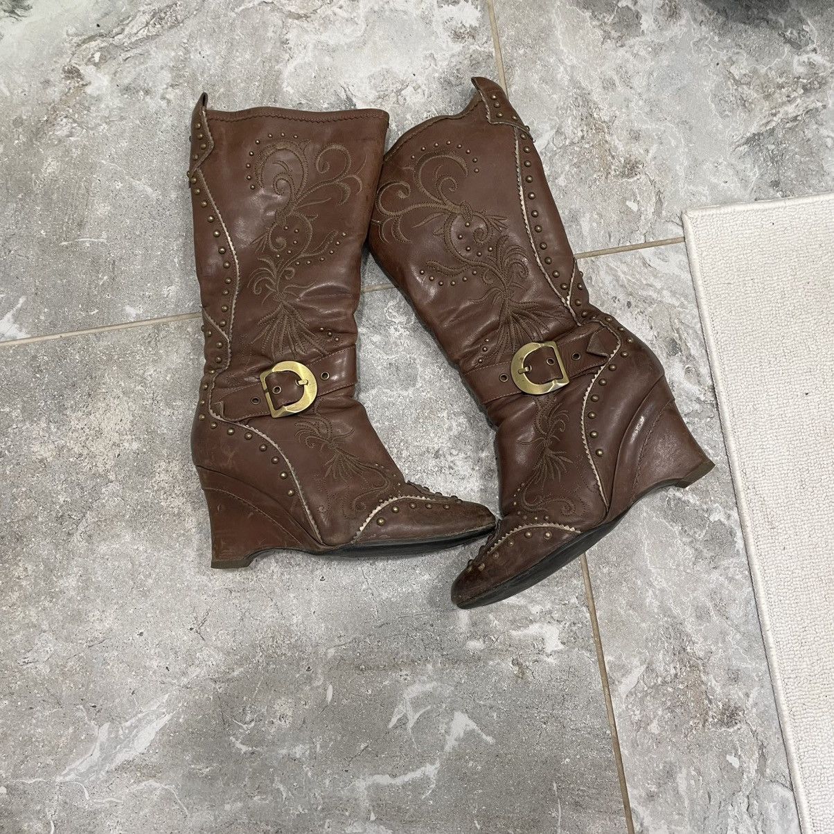 Vintage 90s Texas Western brown Leather Boots Heel shoes aztec Size US 8 / IT 38 - 1 Thumbnail
