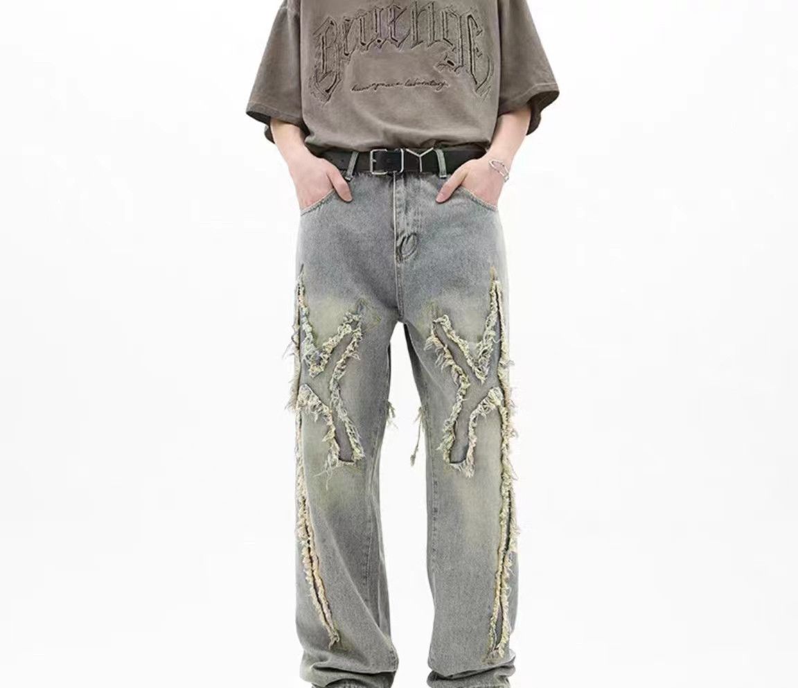 Vintage hip hop frayed trim distressed jeans