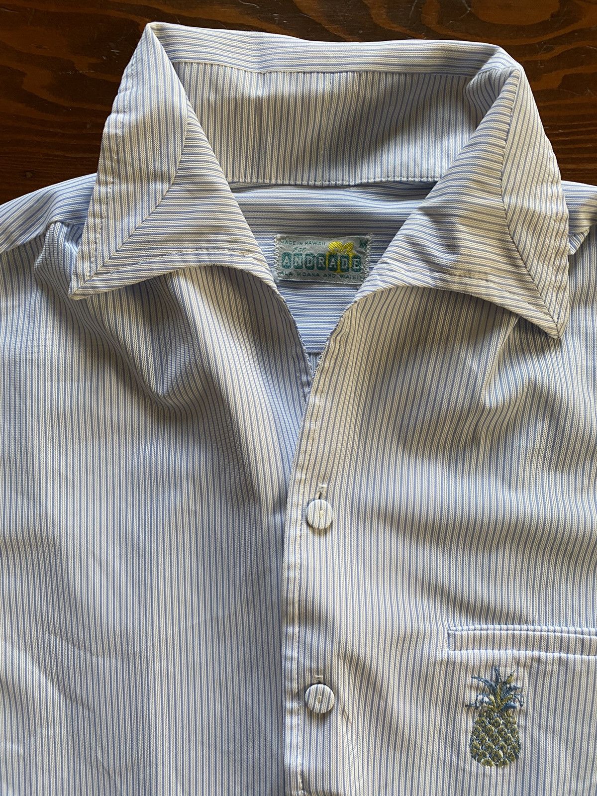 Vintage Vintage 50’s Andrade Pinstripe Pineapple Embroidery Hawaiian Size US M / EU 48-50 / 2 - 5 Thumbnail