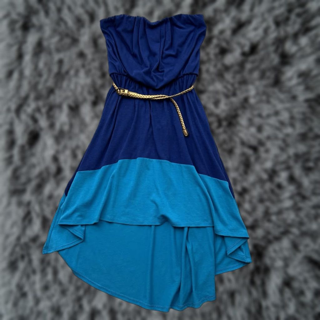 Decree Decree Strapless High Low Dress Womens M Boho Fairycore Flowy Festival Romantic Mini Sundress Trapeze Belted Polyester Rayon Spandex Blue Size M / US 6-8 / IT 42-44 - 1 Thumbnail