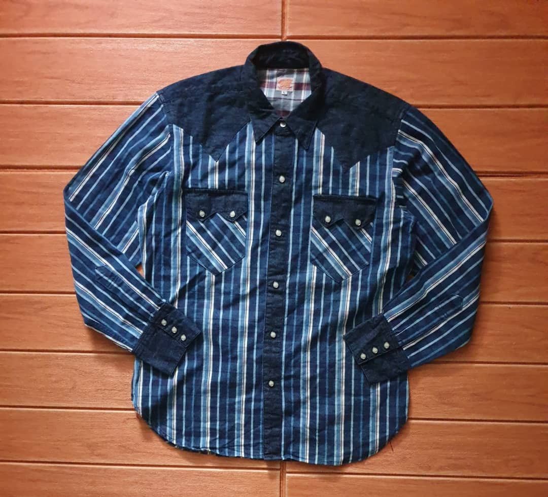 💥Sugarcane checkered blue selvedge retro western shirt