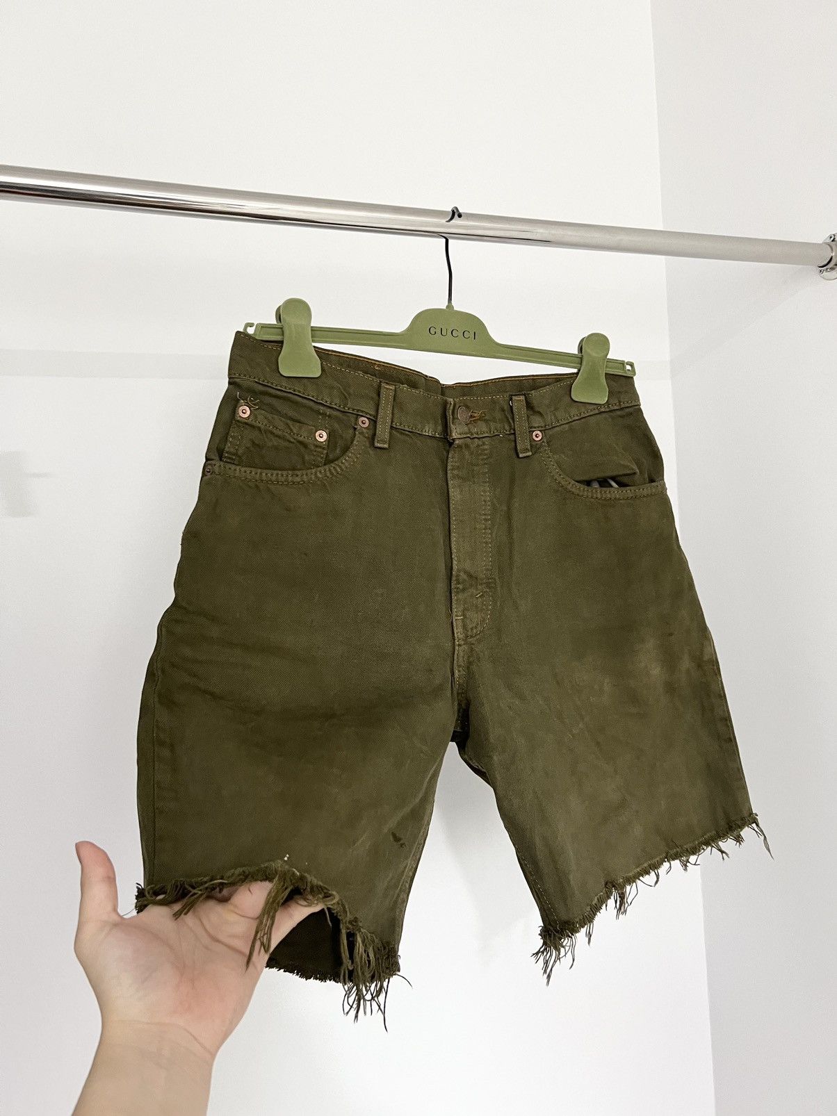 image of Levis x Vintage Trashed Sunfade Denim Shorts Khaki Green, Men's (Size 31)