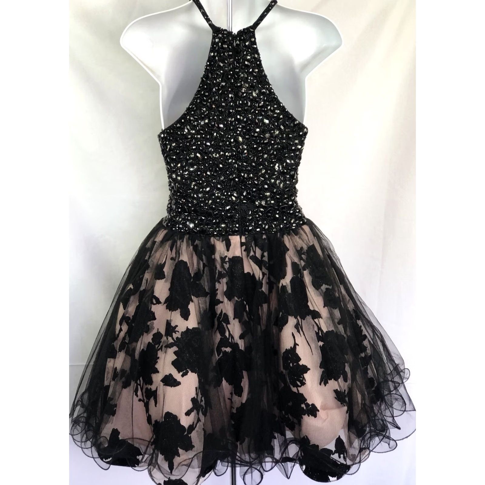 Vintage Jovani Formal Dress 4 Sleeveless Blk/Pnk Floral Beaded Halter Wired Full Skirt Size 27" / US 4 / IT 40 - 4 Thumbnail