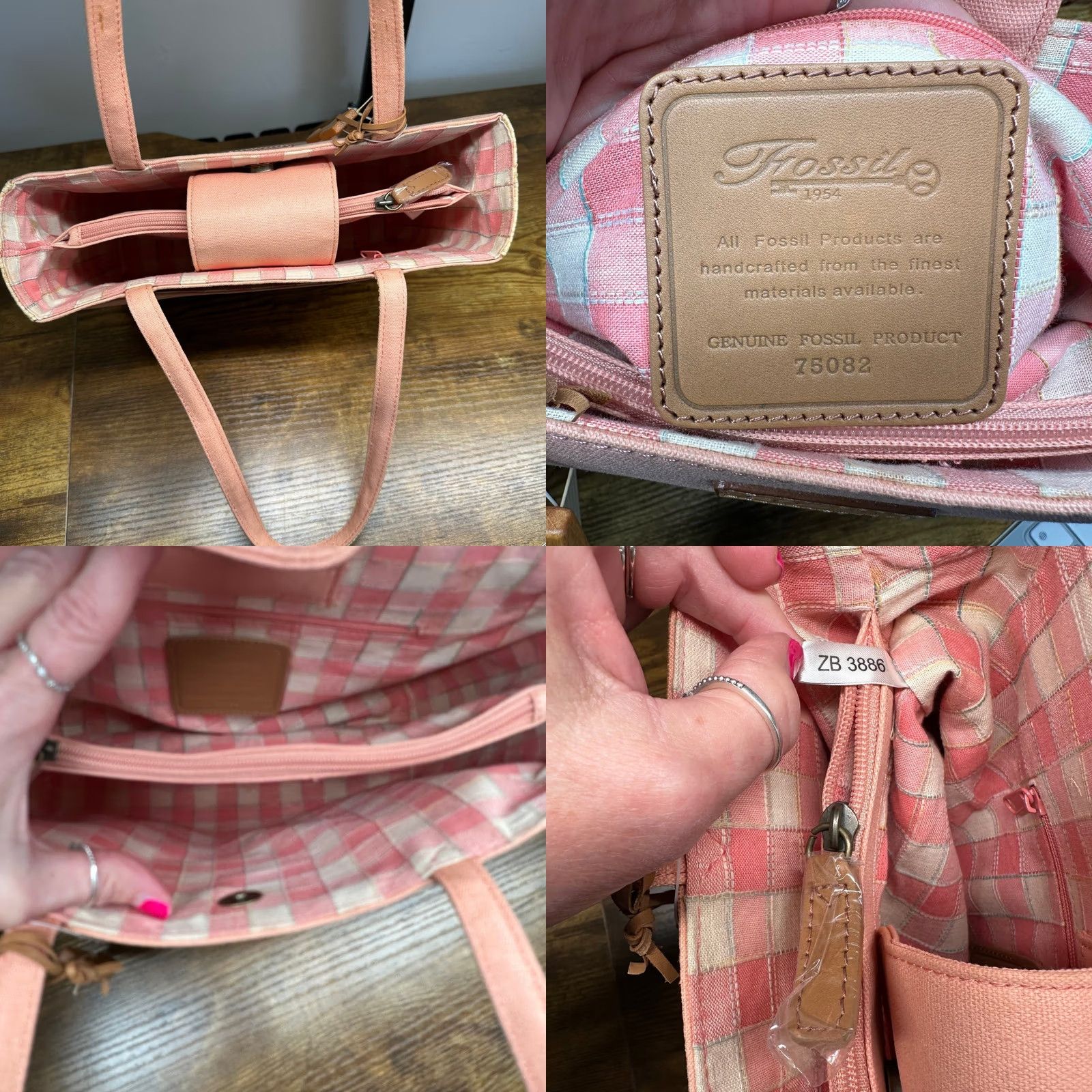Fossil Fossil Nottinghill Shopper Tote Pink Canvas Straw Gingham Lining Multicolor Inner Pockets Womens Medium Accessories Bag Charm Key Size ONE SIZE - 8 Thumbnail
