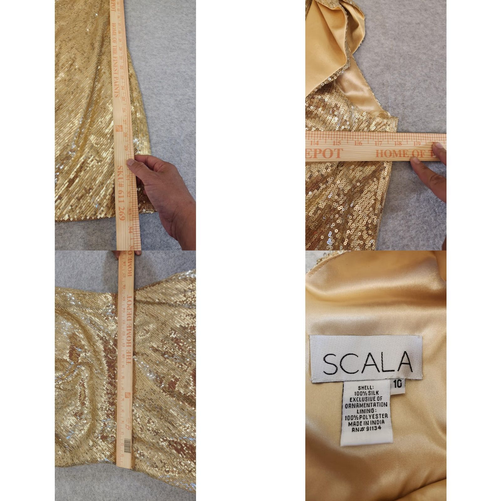 Vintage Vtg Scala Dress Womens 10 Gold Sequin One Shoulder Silk Cocktail Party Mini Dress Size L / US 10 / IT 46 - 8 Thumbnail