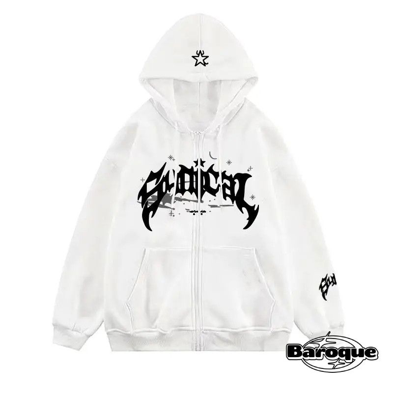 White Scripted Streetwear Zip Up Hoodie