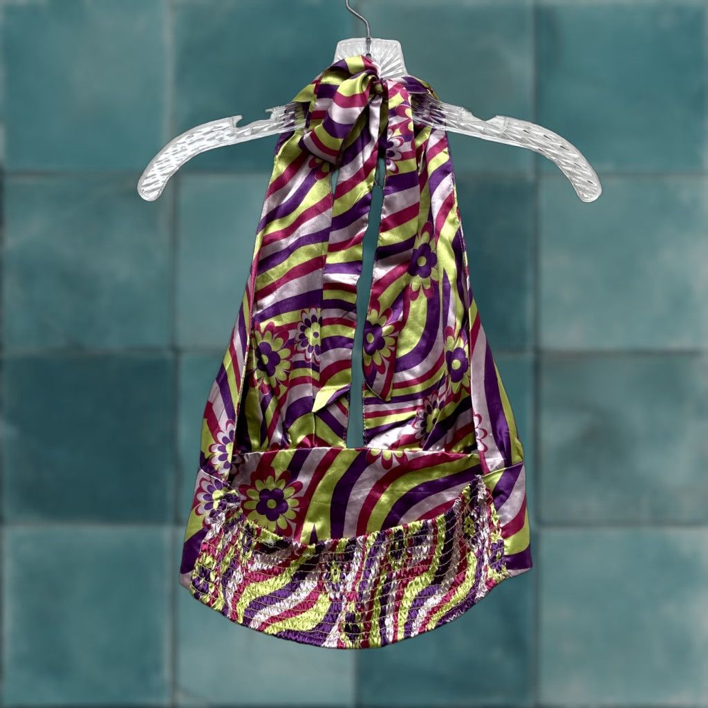 Vintage VINTAGE Y2K Halter Crop Top Large Floral Satin Groovy Psychedelic Rave Festival Shirt Size L / US 10 / IT 46 - 1 Thumbnail
