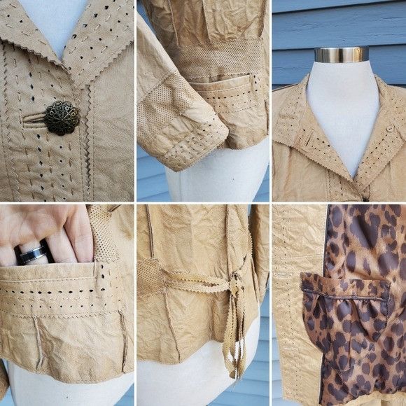 Vintage × Wilsons Leather Vintage 90s y2k Western Cowgirl Tan Crinkle Leather Coat Size S / US 4 / IT 40 - 4 Thumbnail